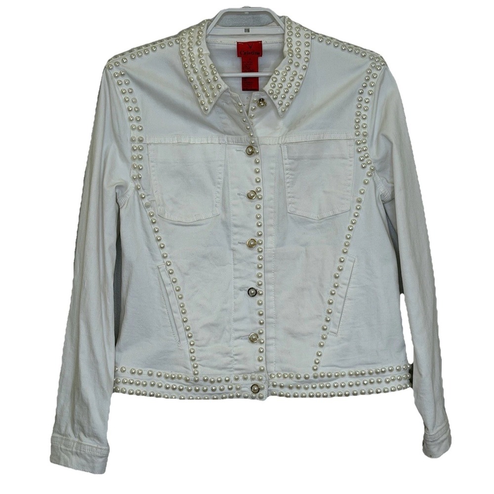 V Cristina Jean Jacket Womens Size Medium White w/ Pearl Accents Button Front